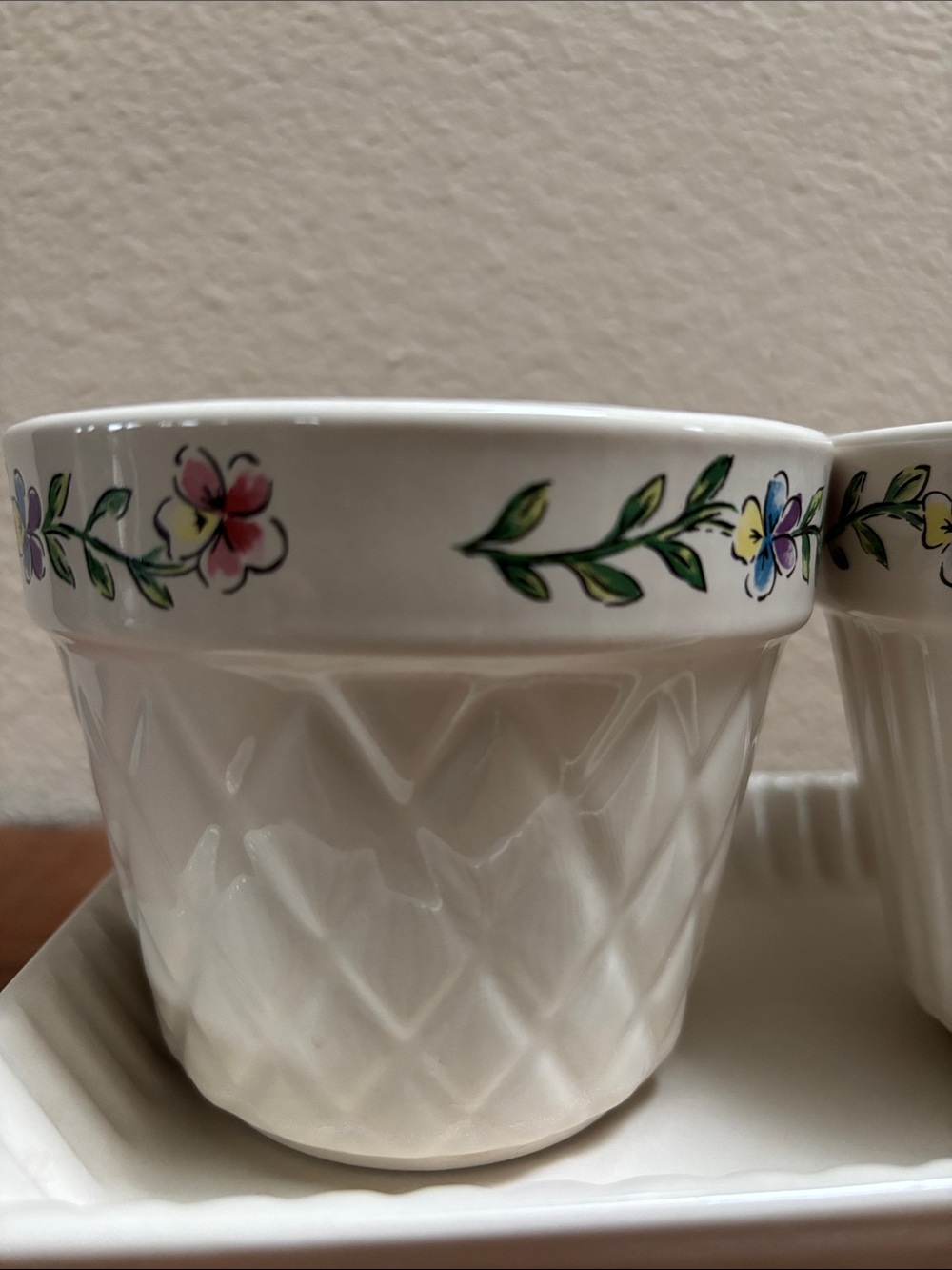 Longaberger Pottery Plant Pots with Floral Accents and Tray - Picture 7 of 11